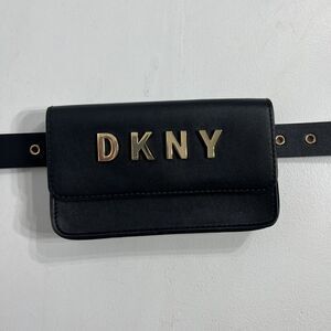 DKNY Cell Phone Belt Bag Holder Gold Tone Spell Out Black Faux Leather Case